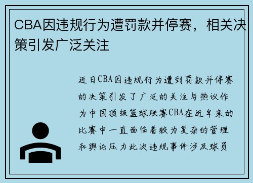 CBA因违规行为遭罚款并停赛，相关决策引发广泛关注
