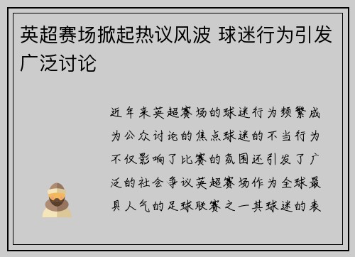 英超赛场掀起热议风波 球迷行为引发广泛讨论 英超赛场掀起热议风波 球迷行为引发广泛讨论